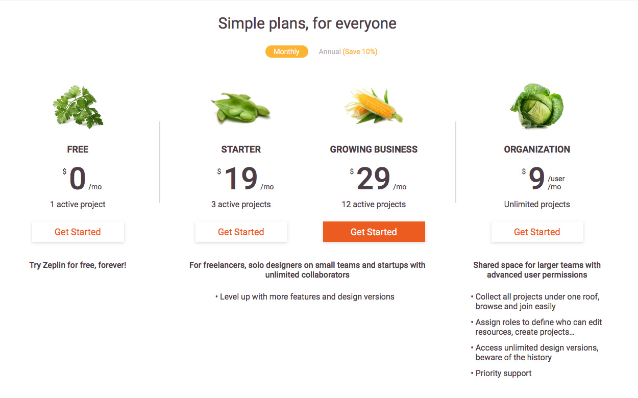 Screenshot from Zeplin's website showing the different plans that are available and their pricing