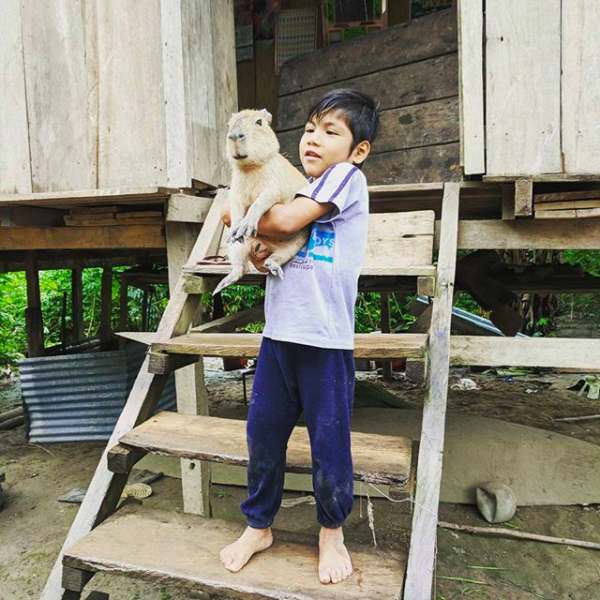 A boy holds his pet capybara